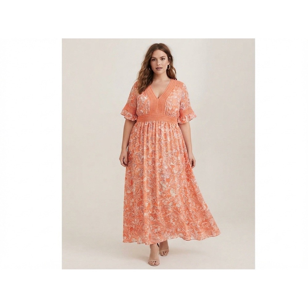 Torrid Crinkle Gauze Lace Up Crochet Tea Length Dress Floral Coral Sz 4x (26)